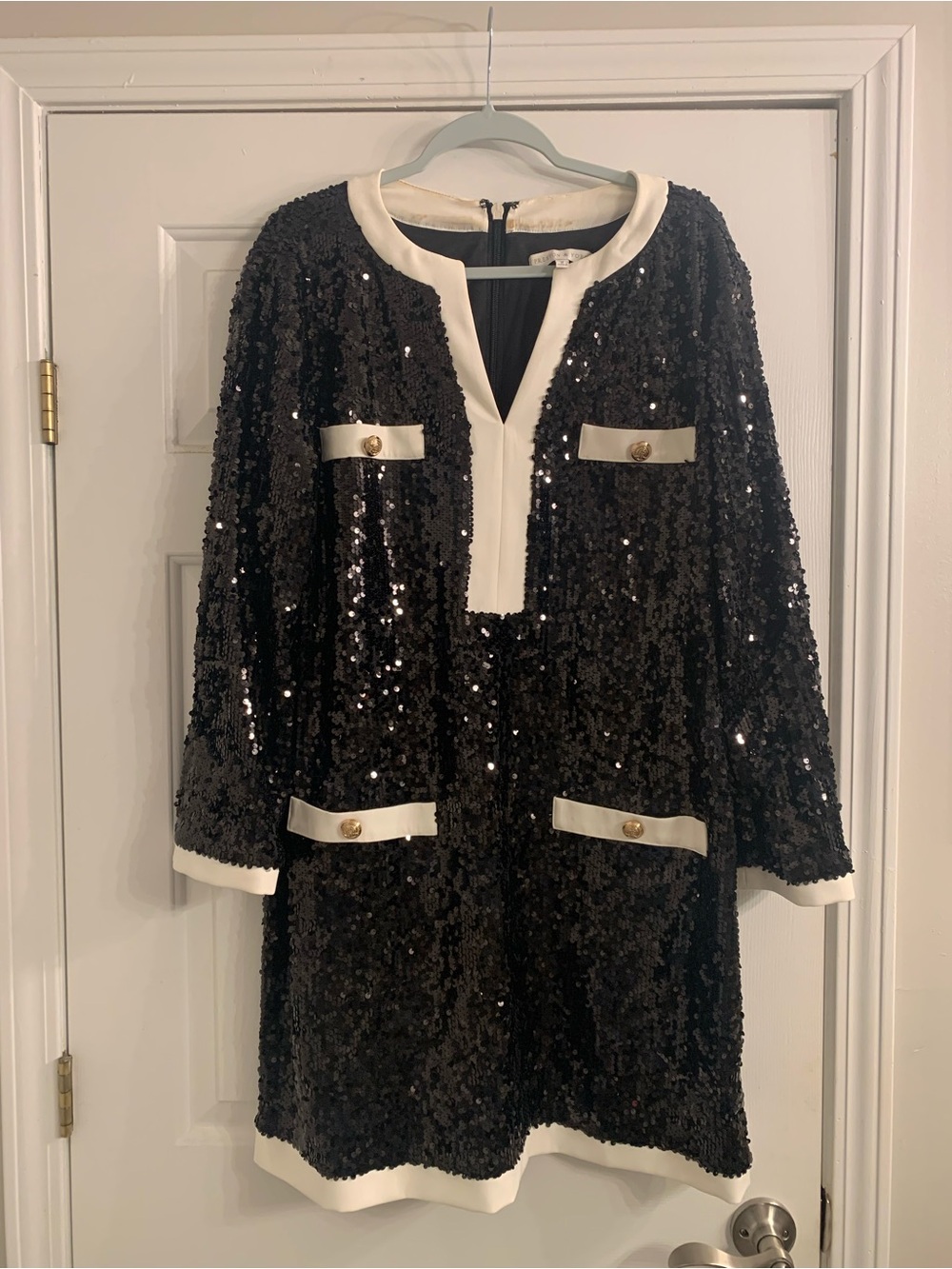 Black Sequin Shift Dress with Cream Trim worn once on stage